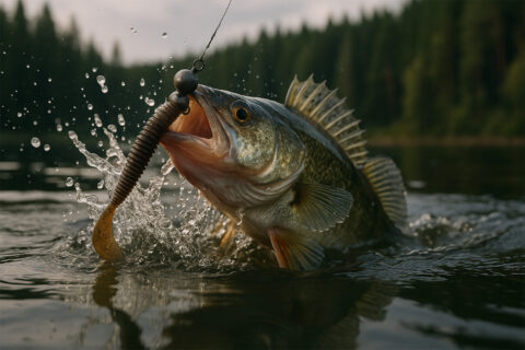 En rovfisk springer op af vandet med en gummiagn hængende i munden, fanget på en fiskekrog, mens vanddråber sprøjter omkring den. Baggrunden viser en stille sø og skovklædte bakker